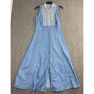 Vintage Match Denim Maxi Dress Size 7/8 Sleeveless Ruffles Blue Country Slit